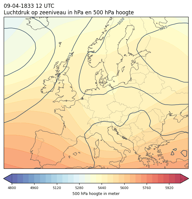 Weerkaart van 9 april 1833 om 12 UTC