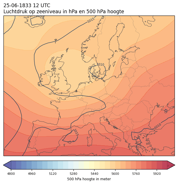 Weerkaart van 25 juni 1833 om 12 UTC