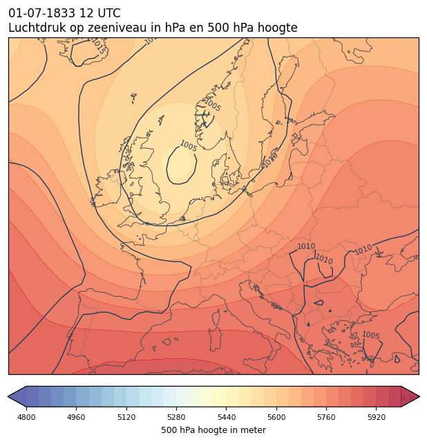Weerkaart van 1 juli 1833 om 12 UTC