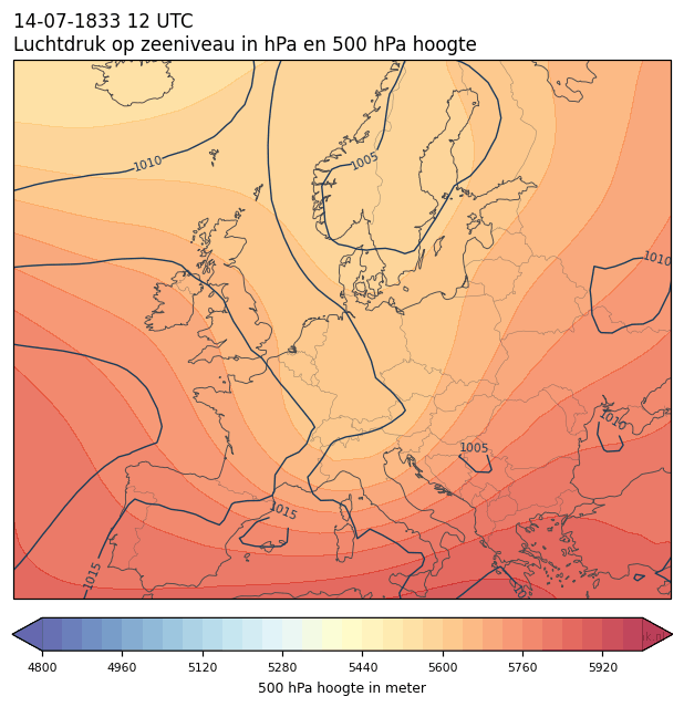 Weerkaart van 14 juli 1833 om 12 UTC