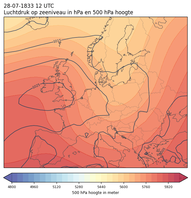 Weerkaart van 28 juli 1833 om 12 UTC