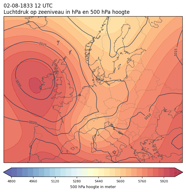 Weerkaart van 2 augustus 1833 om 12 UTC
