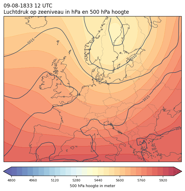 Weerkaart van 9 augustus 1833 om 12 UTC