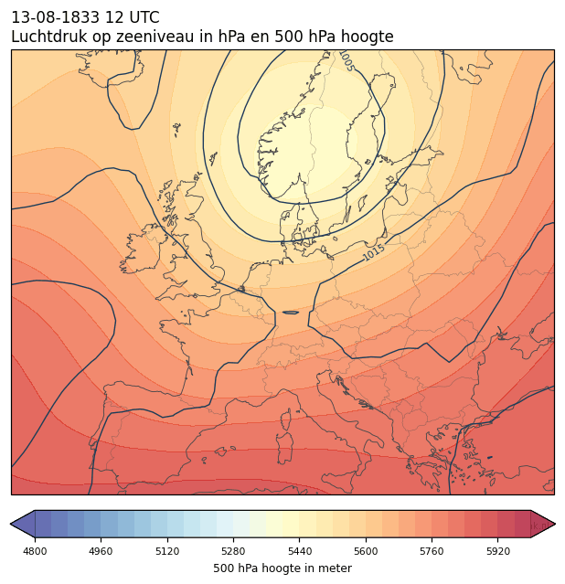Weerkaart van 13 augustus 1833 om 12 UTC