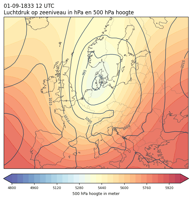 Weerkaart van 1 september 1833 om 12 UTC