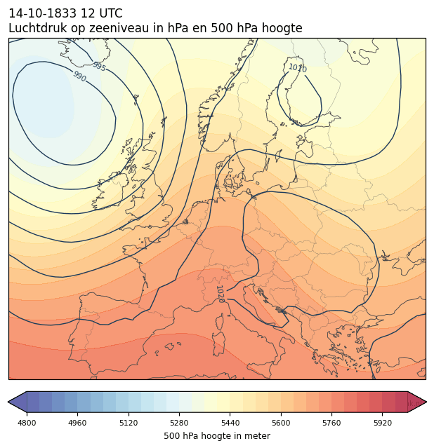 Weerkaart van 14 oktober 1833 om 12 UTC