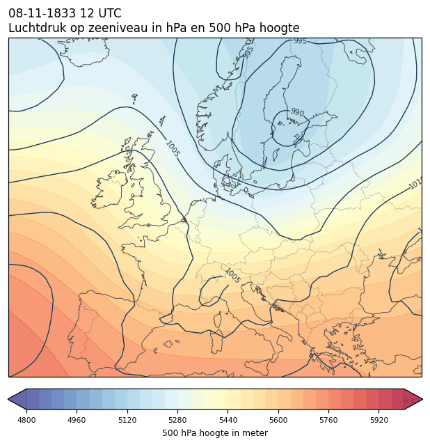 Weerkaart van 8 november 1833 om 12 UTC