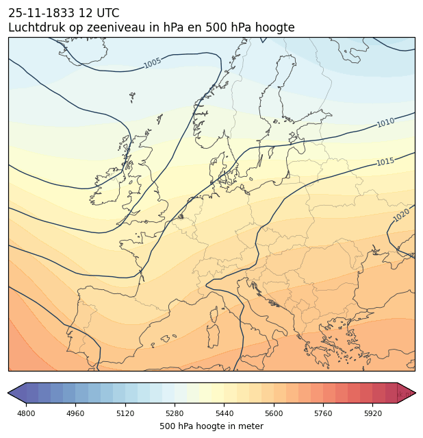Weerkaart van 25 november 1833 om 12 UTC