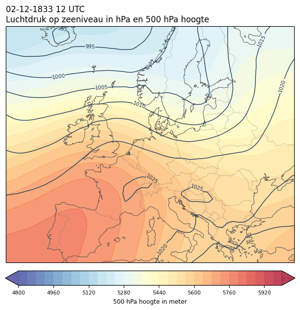 Weerkaart van 2 december 1833 om 12 UTC