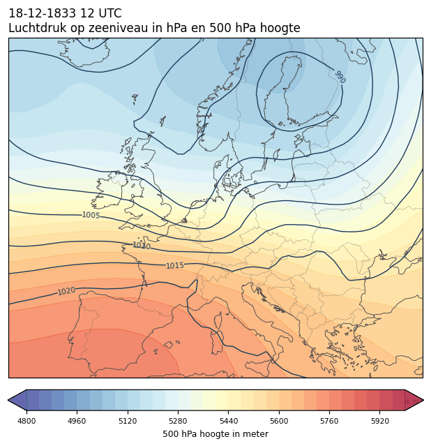 Weerkaart van 18 december 1833 om 12 UTC