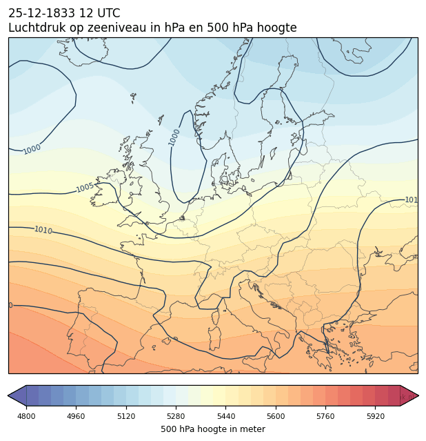 Weerkaart van 25 december 1833 om 12 UTC