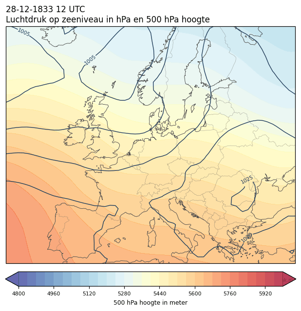 Weerkaart van 28 december 1833 om 12 UTC