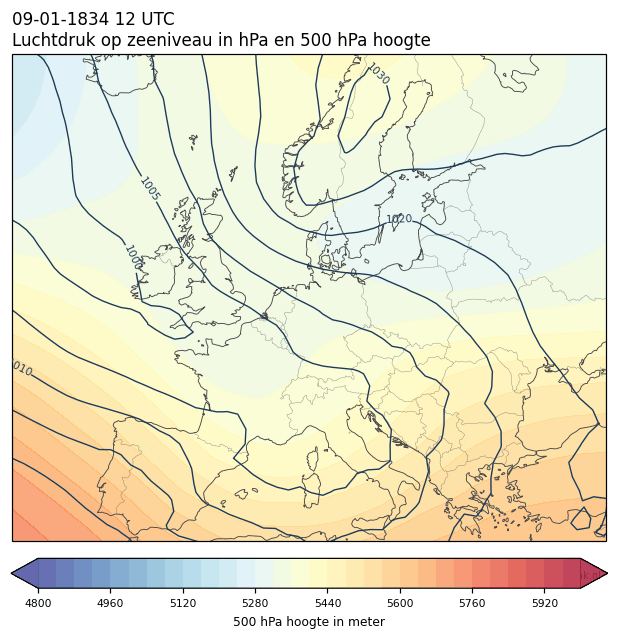 Weerkaart van 9 januari 1834 om 12 UTC