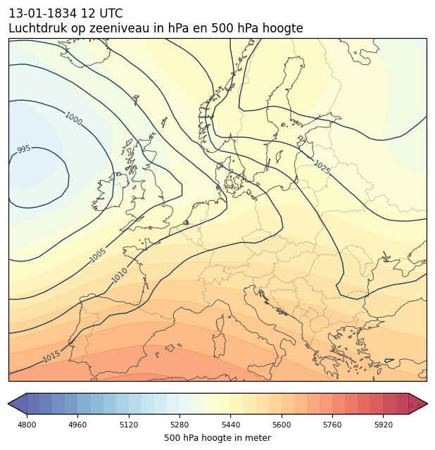 Weerkaart van 13 januari 1834 om 12 UTC