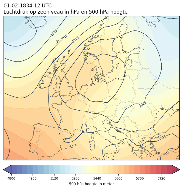 Weerkaart van 1 februari 1834 om 12 UTC