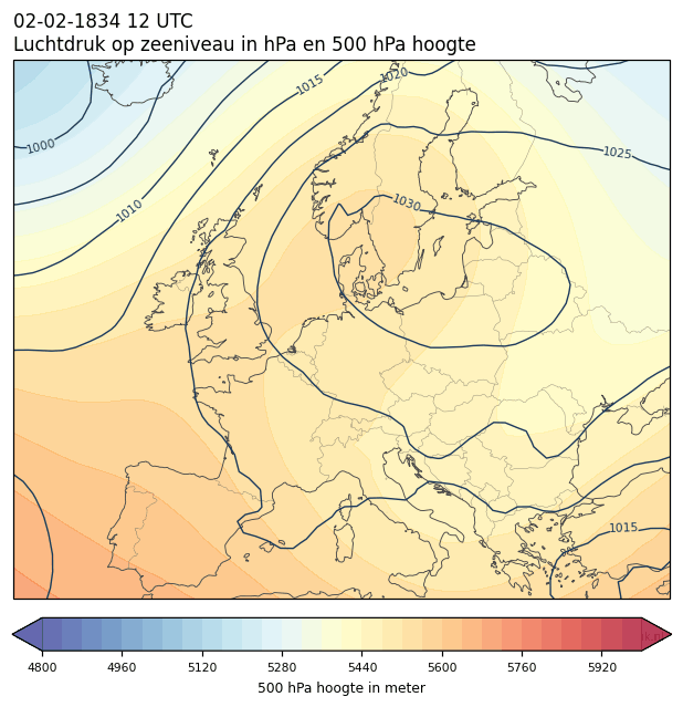 Weerkaart van 2 februari 1834 om 12 UTC