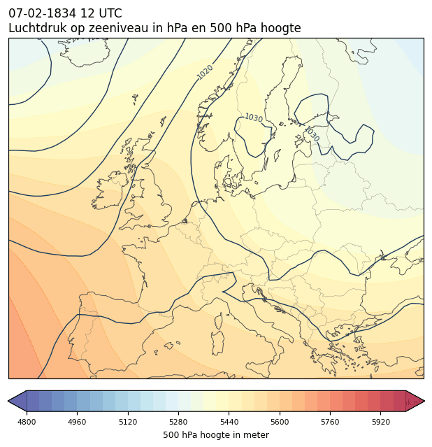 Weerkaart van 7 februari 1834 om 12 UTC