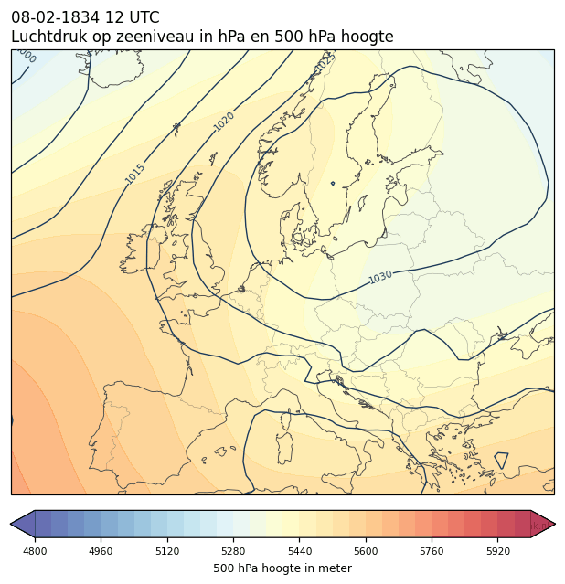 Weerkaart van 8 februari 1834 om 12 UTC