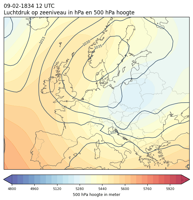 Weerkaart van 9 februari 1834 om 12 UTC