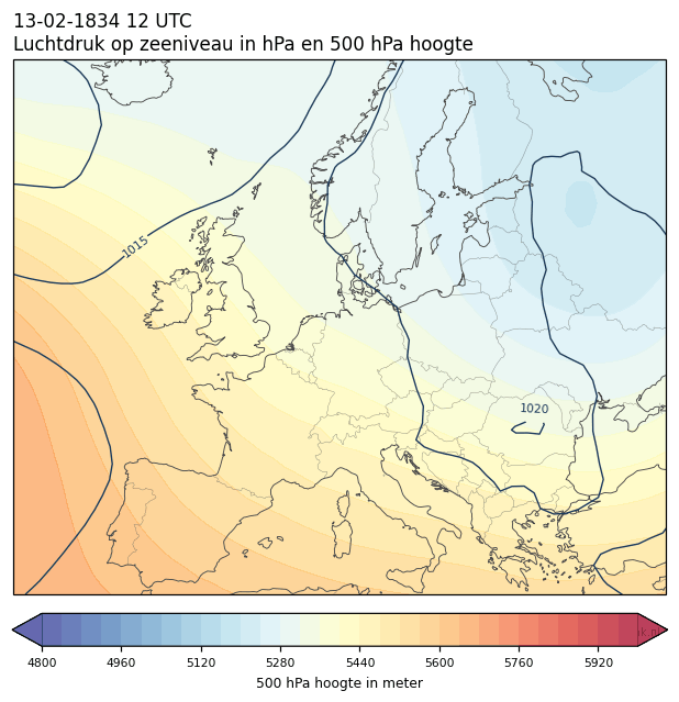 Weerkaart van 13 februari 1834 om 12 UTC