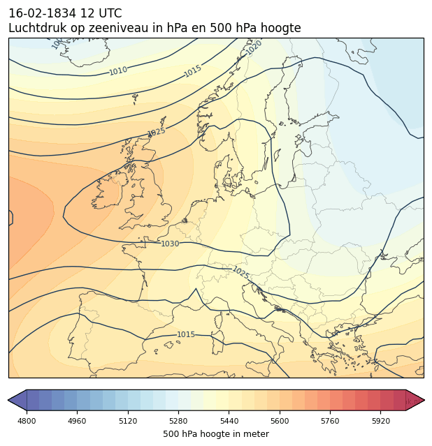 Weerkaart van 16 februari 1834 om 12 UTC
