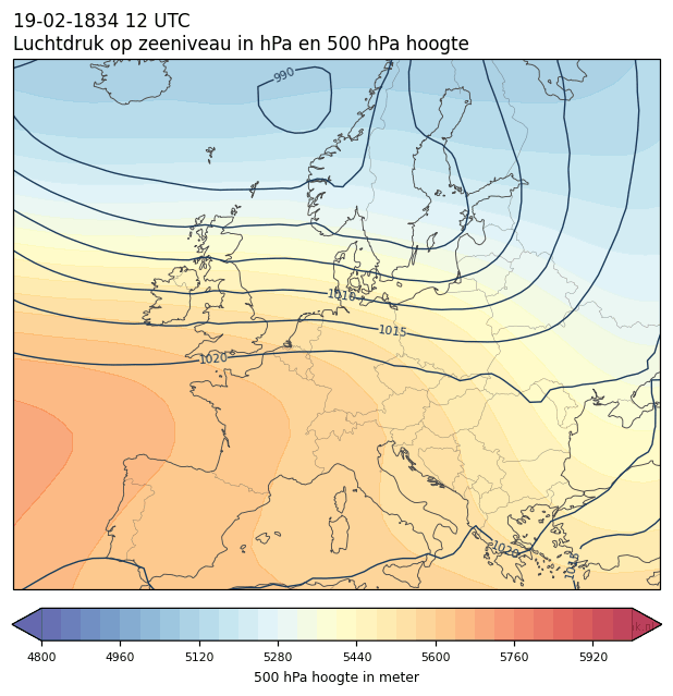 Weerkaart van 19 februari 1834 om 12 UTC