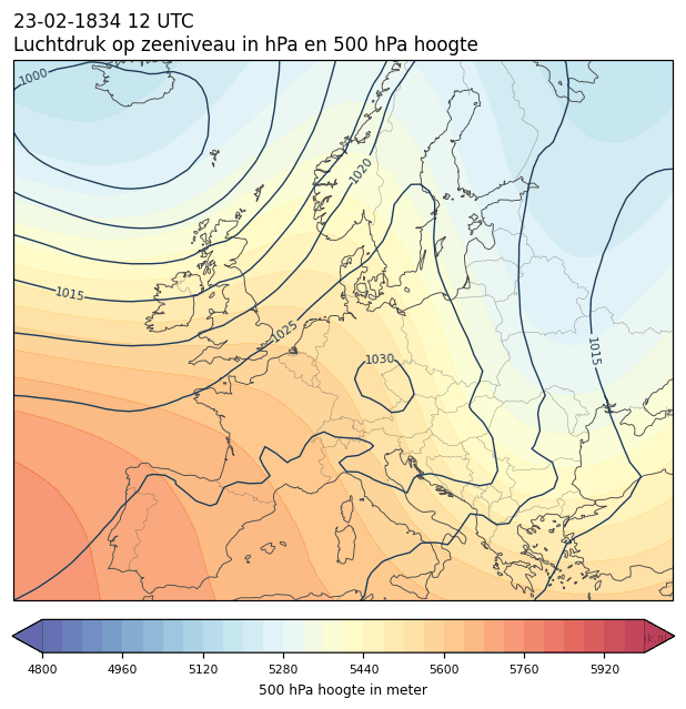 Weerkaart van 23 februari 1834 om 12 UTC