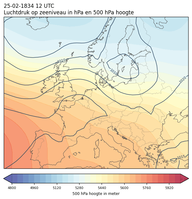Weerkaart van 25 februari 1834 om 12 UTC