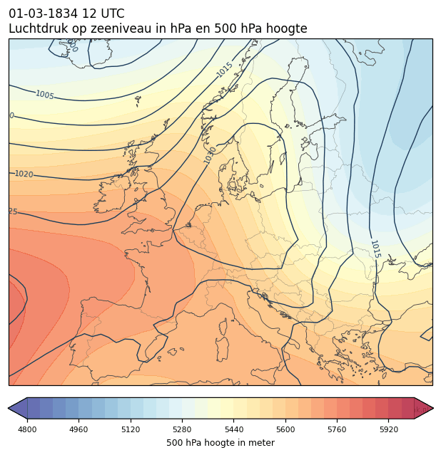 Weerkaart van 1 maart 1834 om 12 UTC