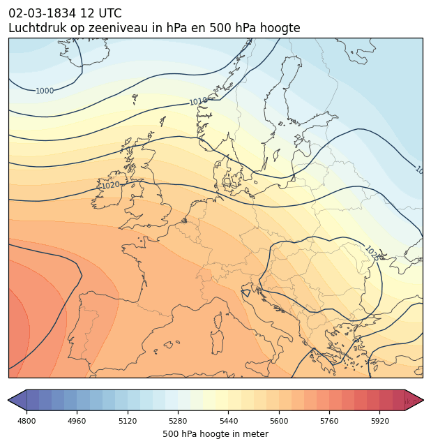 Weerkaart van 2 maart 1834 om 12 UTC