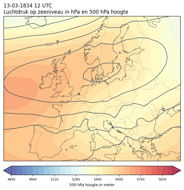 Weerkaart van 13 maart 1834 om 12 UTC