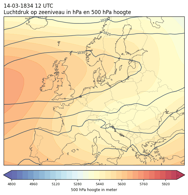 Weerkaart van 14 maart 1834 om 12 UTC