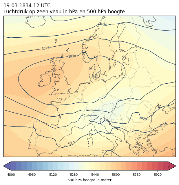Weerkaart van 19 maart 1834 om 12 UTC