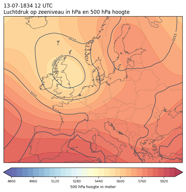 Weerkaart van 13 juli 1834 om 12 UTC