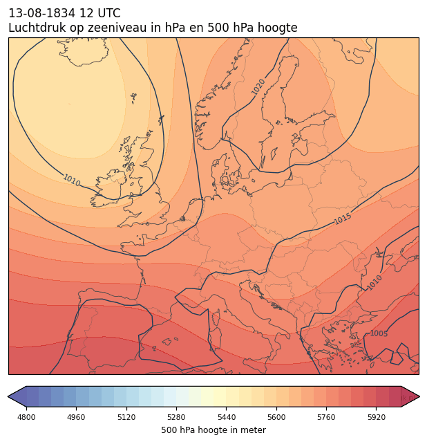 Weerkaart van 13 augustus 1834 om 12 UTC