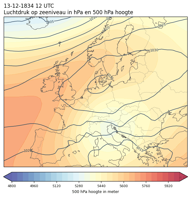 Weerkaart van 13 december 1834 om 12 UTC