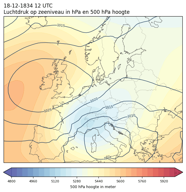 Weerkaart van 18 december 1834 om 12 UTC