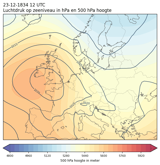 Weerkaart van 23 december 1834 om 12 UTC