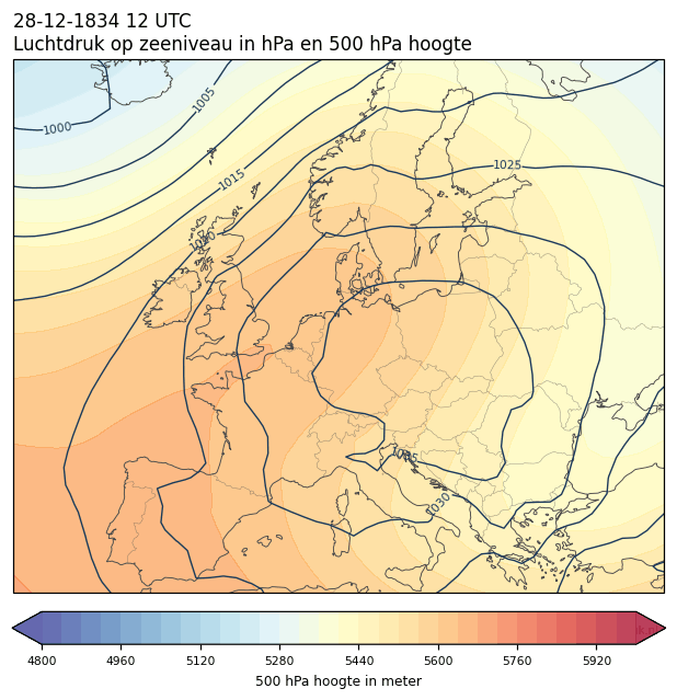 Weerkaart van 28 december 1834 om 12 UTC