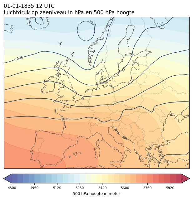 Weerkaart van 1 januari 1835 om 12 UTC