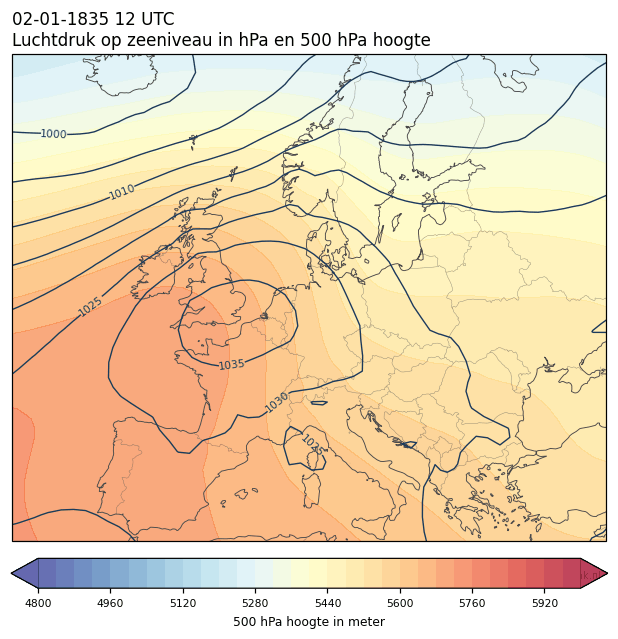 Weerkaart van 2 januari 1835 om 12 UTC