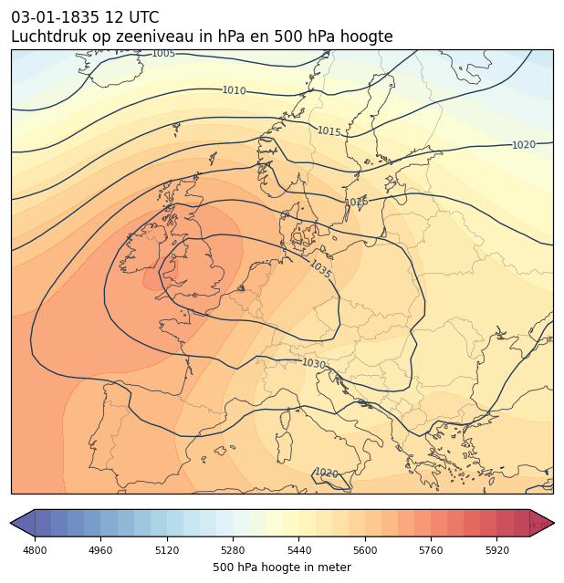 Weerkaart van 3 januari 1835 om 12 UTC