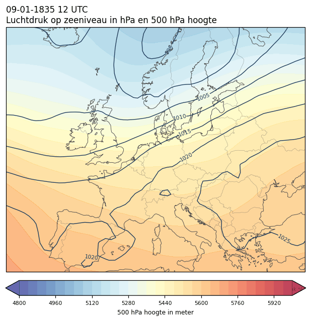 Weerkaart van 9 januari 1835 om 12 UTC