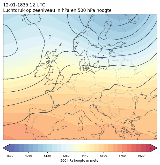 Weerkaart van 12 januari 1835 om 12 UTC