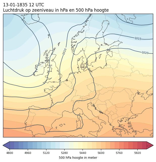 Weerkaart van 13 januari 1835 om 12 UTC
