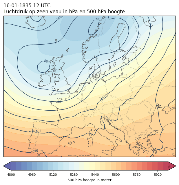Weerkaart van 16 januari 1835 om 12 UTC