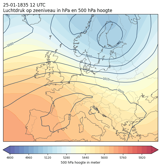 Weerkaart van 25 januari 1835 om 12 UTC
