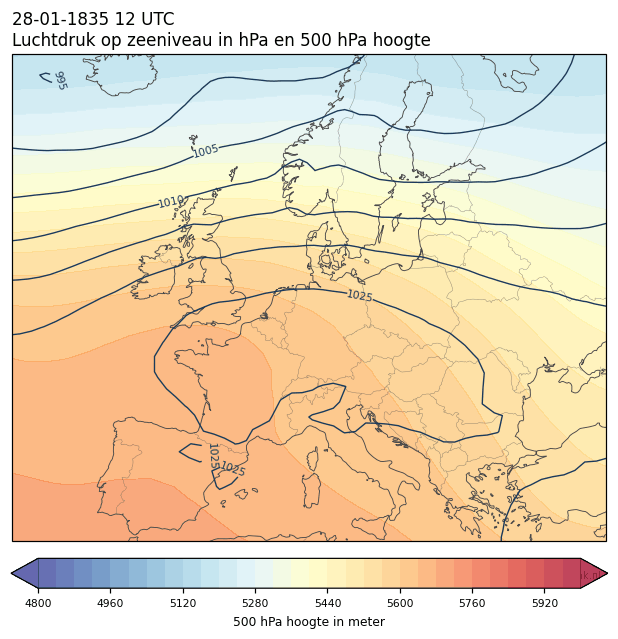 Weerkaart van 28 januari 1835 om 12 UTC