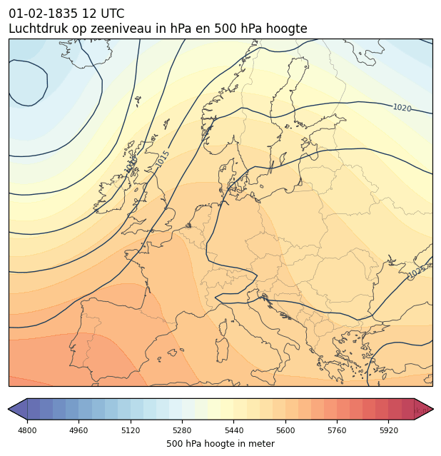Weerkaart van 1 februari 1835 om 12 UTC