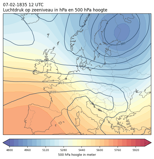 Weerkaart van 7 februari 1835 om 12 UTC